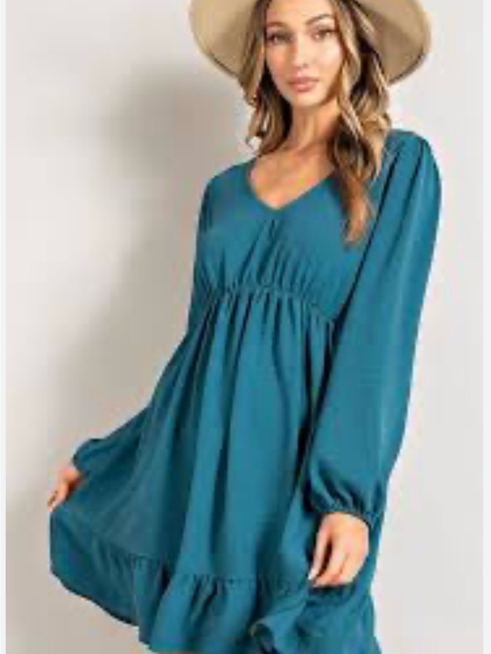 eesome Teal V-Neck Long Sleeve Babydoll Dress